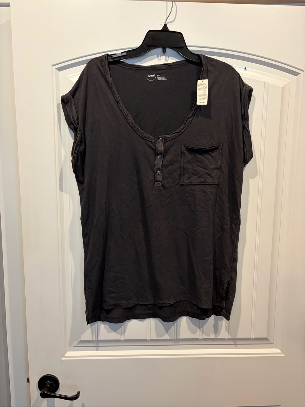 aerie Black Short Sleeve Henley Pocket Tee